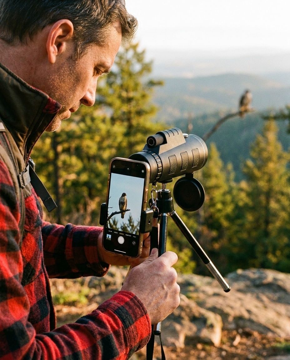 A hiker at a golden-hour overlook raising the compact Aureal monocular to one eye